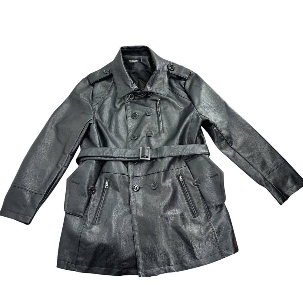 Nerazzurri Faux Leather Overcoat Black Double Breasted Belted Trench Size Large
